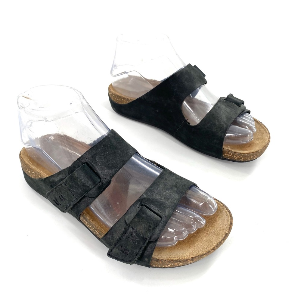 Clarks Artisan Black Suede Leather Adjustable Strap Sandals‎ Slides Womens Sz 6M